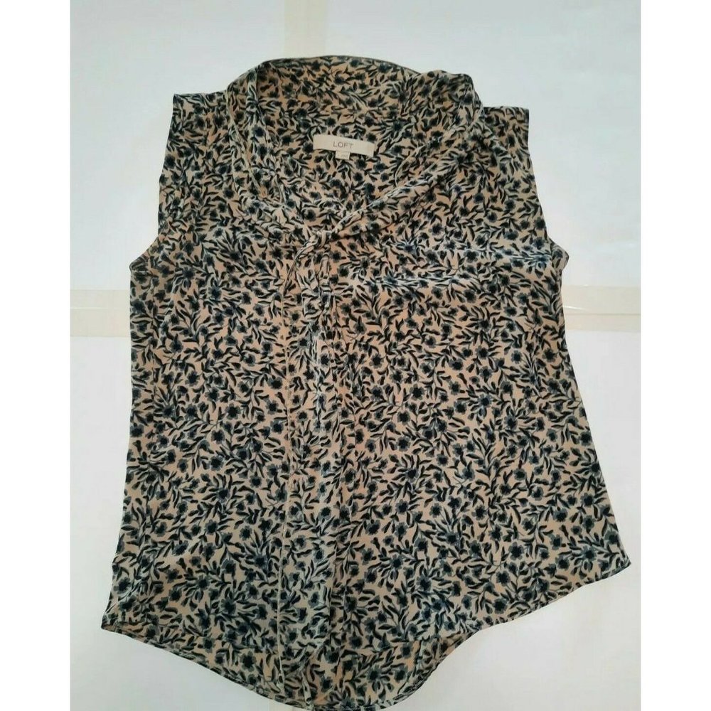 Loft womens tan black floral tunic blouse sleeveless lightweight size Small S